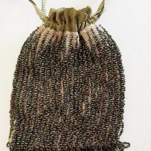 Antique ART DECO PURSE Green Beaded Bag w/ Drawstring Cosplay Gorgeous